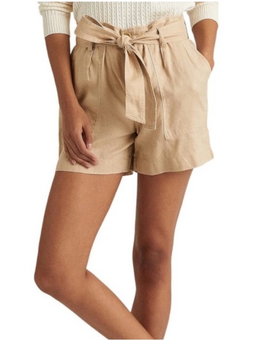 Lauren Ralph Lauren 100% Linen Natural Tan Safari Zip Fly Belted Shorts SIZE 4